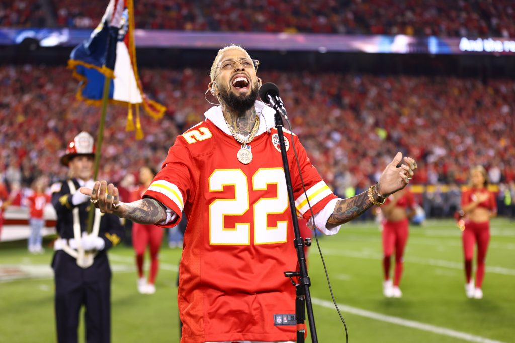 National recording artist David Correy singing the national anthem prior to an NFL football game against the Tennessee Titans, Sunday, November 6, 2022 in Kansas City.